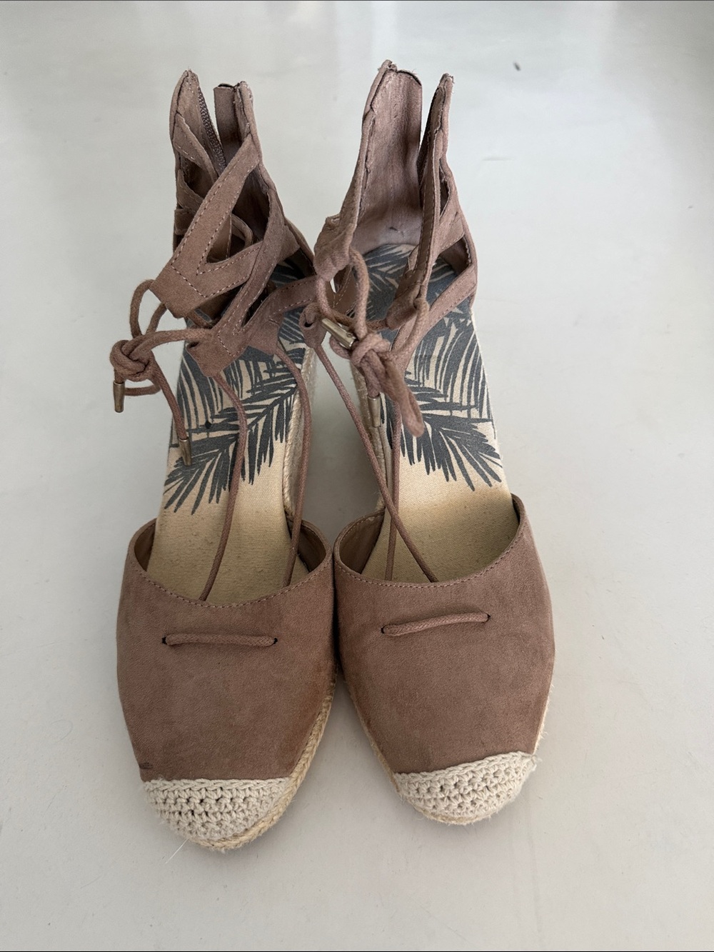 DV by Dolce Vita Taupe Suede Espadrille Wedge Sandals with Ankle Tie